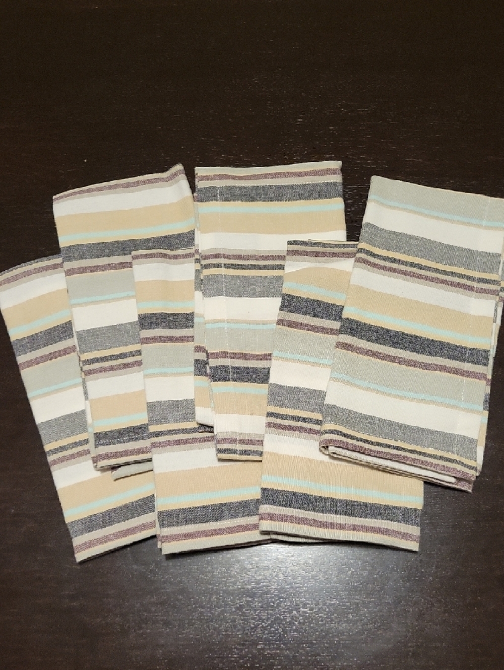 Aman Imports - Striped Beige, Cream & Aqua 100% Cotton Napkin (Set of 6)